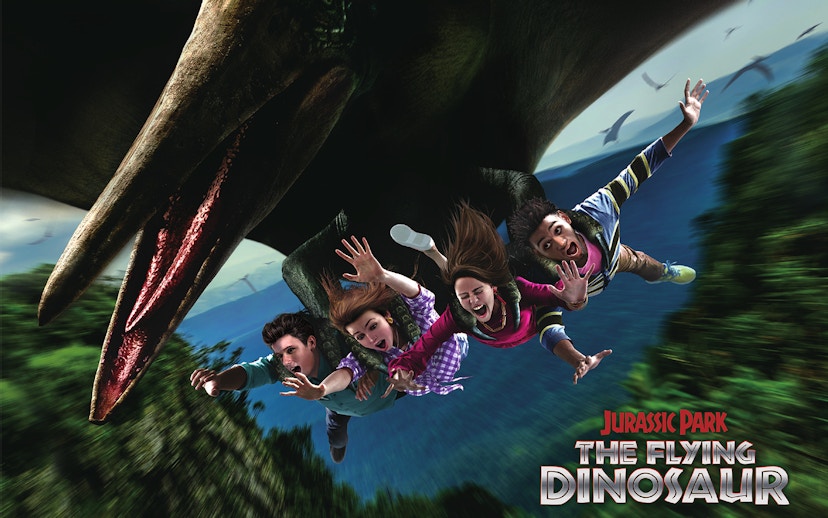 Riders on The Flying Dinosaur roller coaster at Jurassic Park USJ.