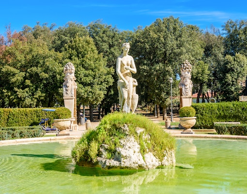 Borghese Gallery interior with classical sculptures and paintings, Rome, Italy.