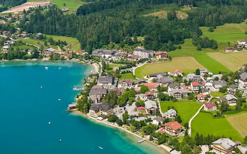 Aerial view of lakeside village near Salzburg on Munich day trip.