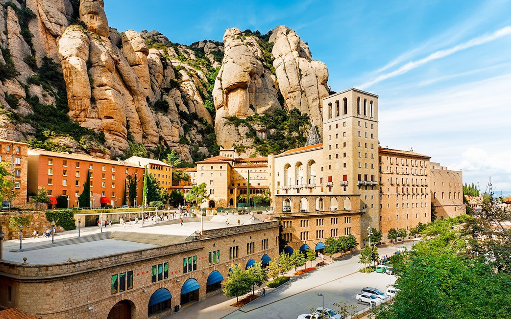 Montserrat Monastery with rocky mountain backdrop in Barcelona, Spain.