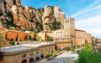 Montserrat Monastery with rocky mountain backdrop in Barcelona, Spain.