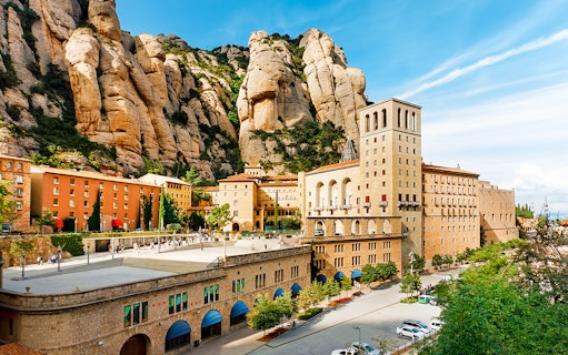 Montserrat Monastery with rocky mountain backdrop in Barcelona, Spain.