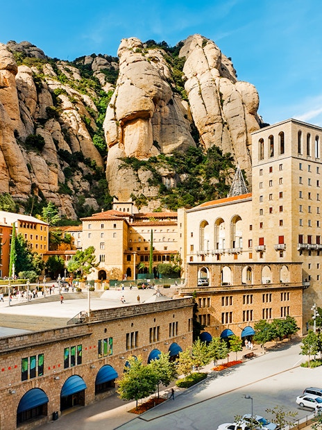 Montserrat Monastery with rocky mountain backdrop in Barcelona, Spain.