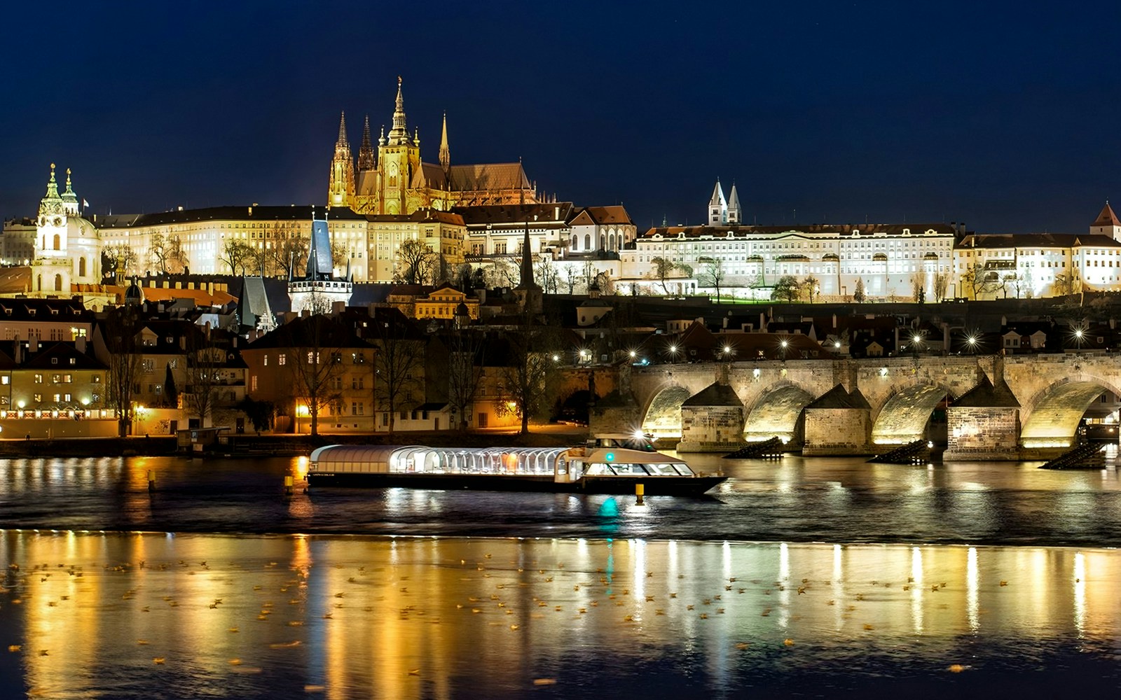Illuminated Prague cityscape