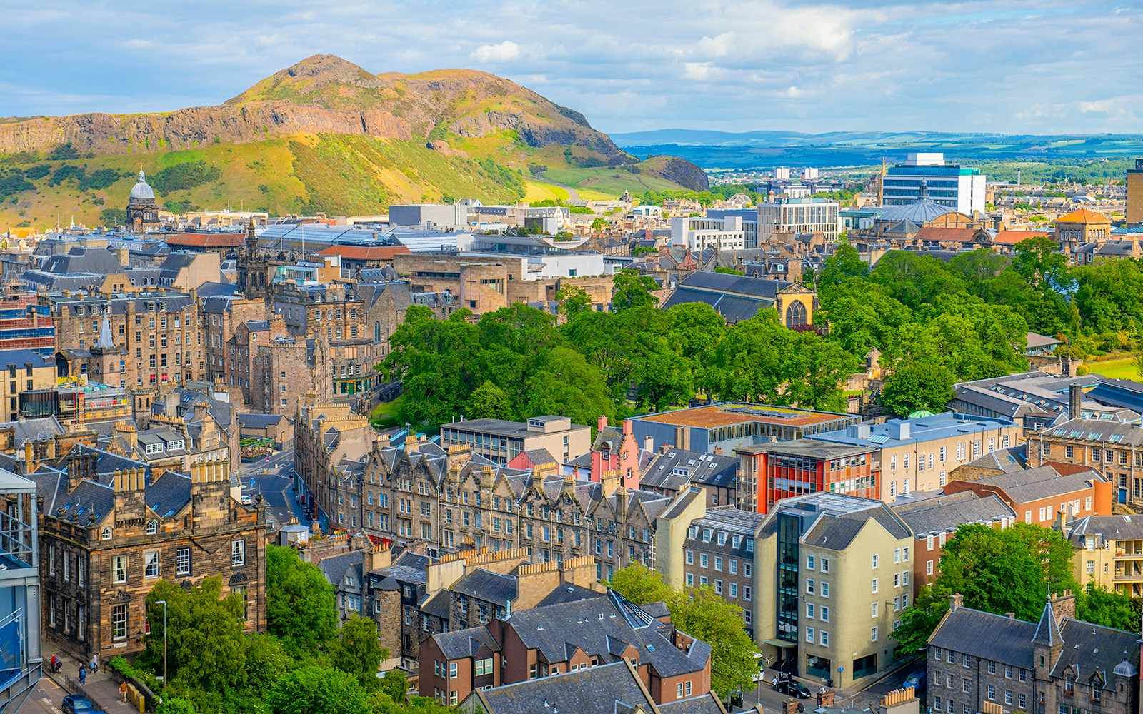 Edinburgh cityscape with Arthur's Seat from Edinburgh Castle, Scotland.