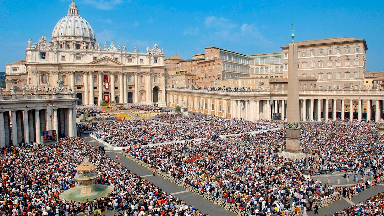 Pilgrims gathered at St. Peter's Basilica during Vatican Jubilee, Rome.