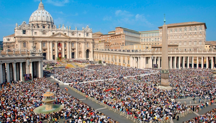 Pilgrims gathered at St. Peter's Basilica during Vatican Jubilee, Rome.