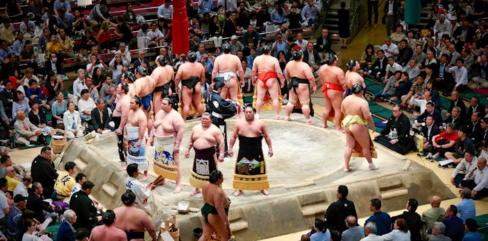 Sumo wrestlers in a Tokyo arena during a tournament, surrounded by an audience.