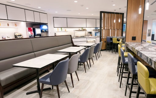 Seating area in Plaza Premium Lounge, Terminal 3, Toronto Pearson Airport.