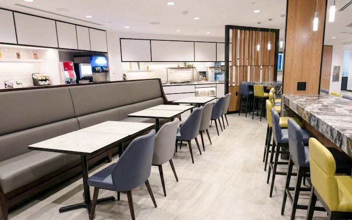 Seating area in Plaza Premium Lounge, Terminal 3, Toronto Pearson Airport.