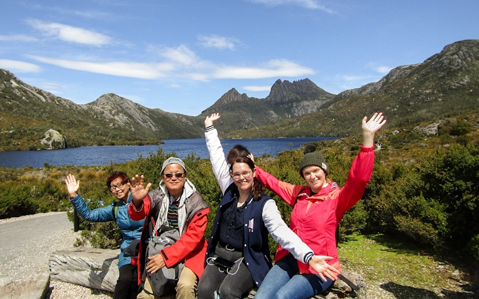 Group enjoying Cradle Mountain view during 3-day Tasmania tour from Launceston.