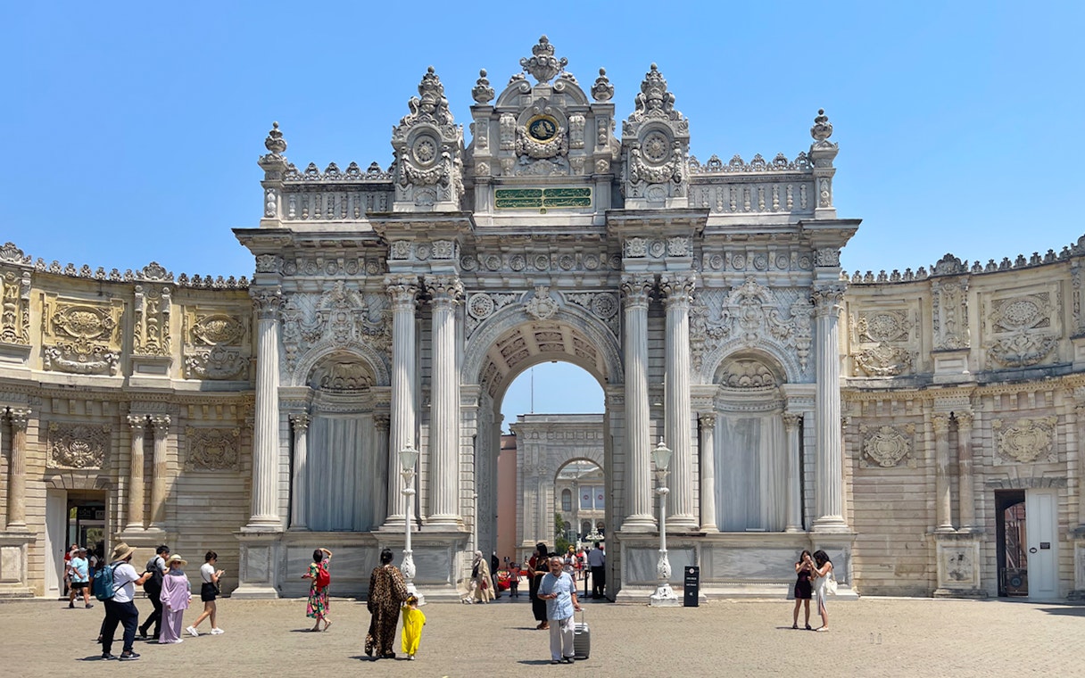 Entrance of Dolmabahçe Palace with ornate exterior, Istanbul.