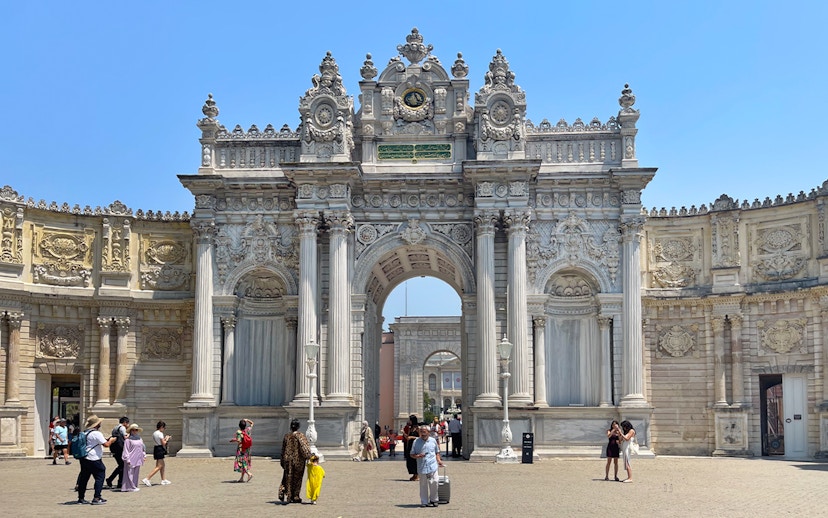 Entrance of Dolmabahçe Palace with ornate exterior, Istanbul.