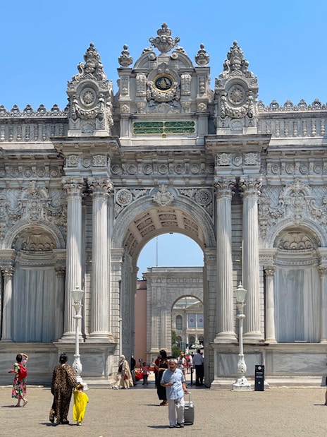 Entrance of Dolmabahçe Palace with ornate exterior, Istanbul.