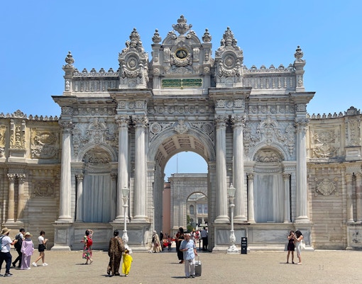 Entrance of Dolmabahçe Palace with ornate exterior, Istanbul.