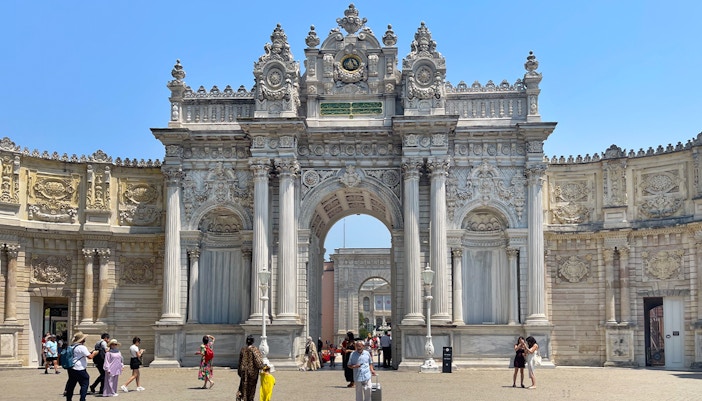 Entrance of Dolmabahçe Palace with ornate exterior, Istanbul.