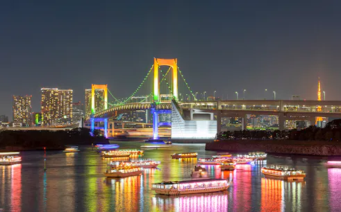 Cruise ships in Tokyo Bay at night with Rainbow Bridge illuminated in the background.