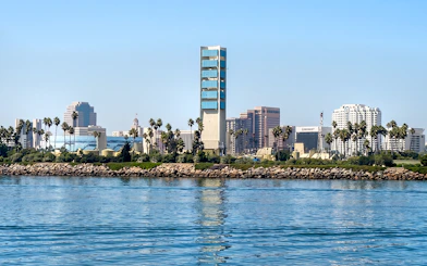 Los Angeles skyline viewed from the harbor during a sightseeing cruise.