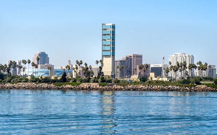 Los Angeles skyline viewed from the harbor during a sightseeing cruise.