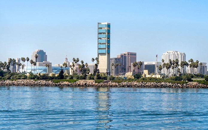 Los Angeles skyline viewed from the harbor during a sightseeing cruise.