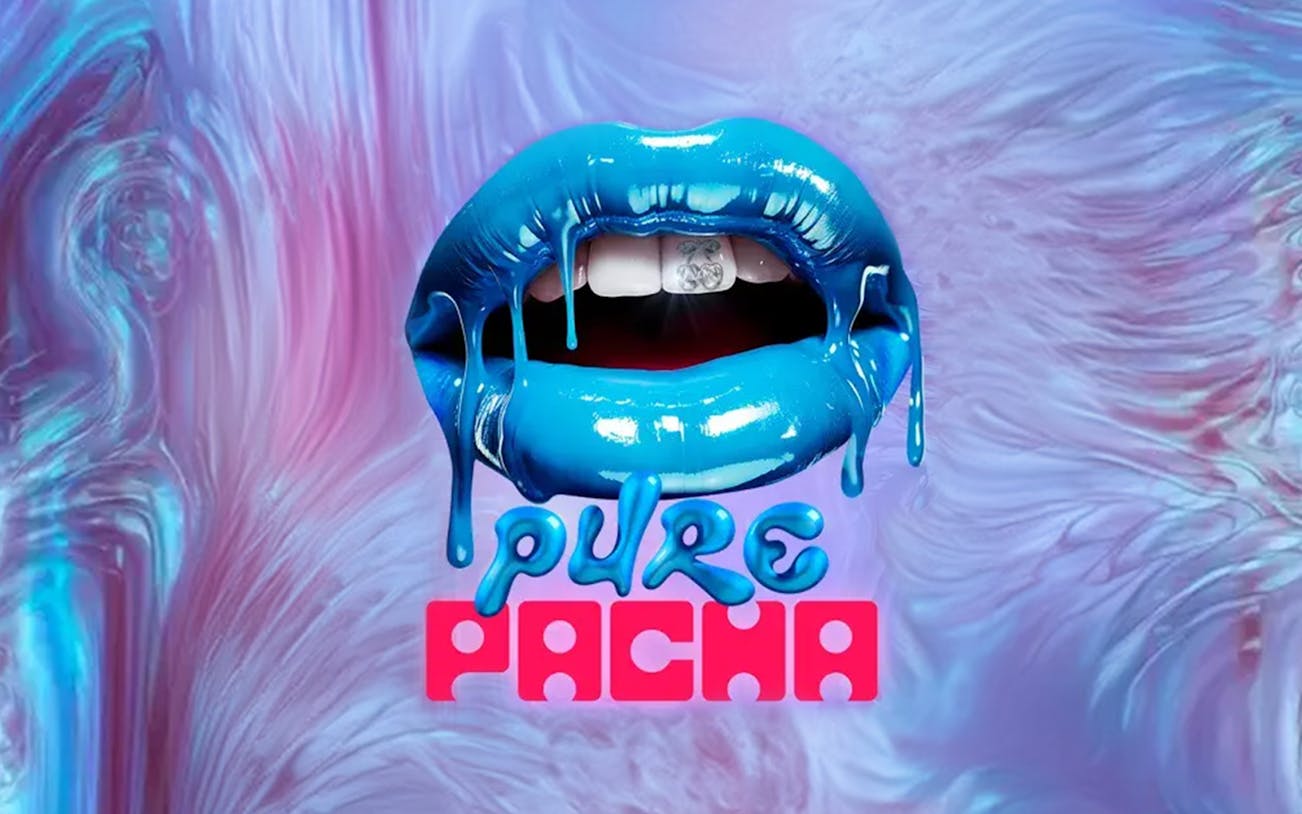 Blue lips with dripping paint above "Pure Pacha" text, Ibiza event promotion.