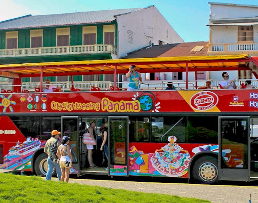 Panama City skyline view from City Sightseeing Hop On Hop Off tour bus.