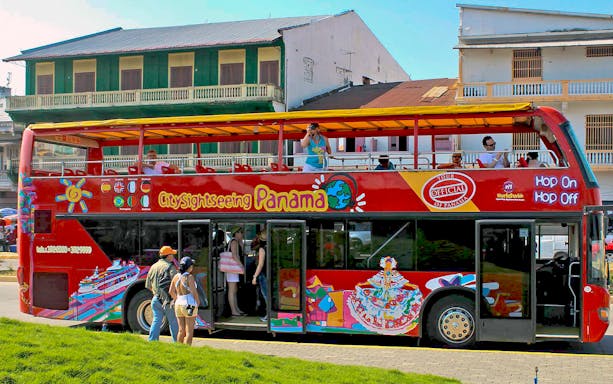 Red double-decker bus for City Sightseeing Hop On Hop Off tour in Panama City.