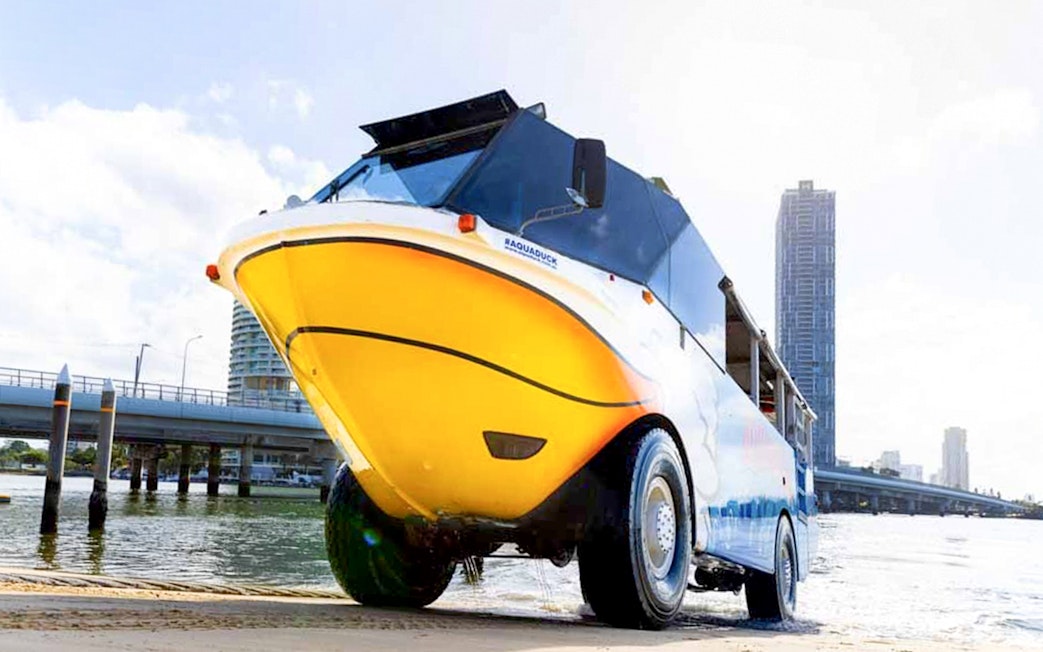 Aquaduck amphibious vehicle entering water for Jet Boat Adventure Ride.
