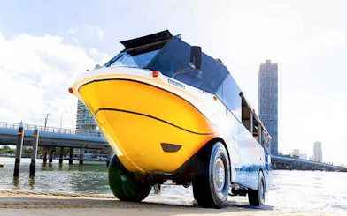 Aquaduck amphibious vehicle entering water for Jet Boat Adventure Ride.