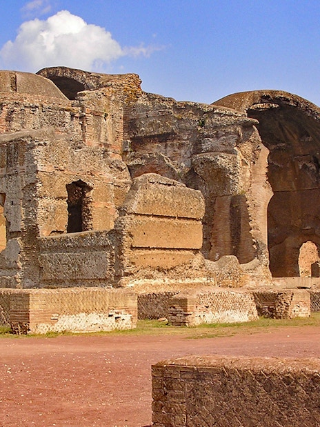 Ancient ruins of Hadrian's Villa in Tivoli, Italy, showcasing Roman architecture.