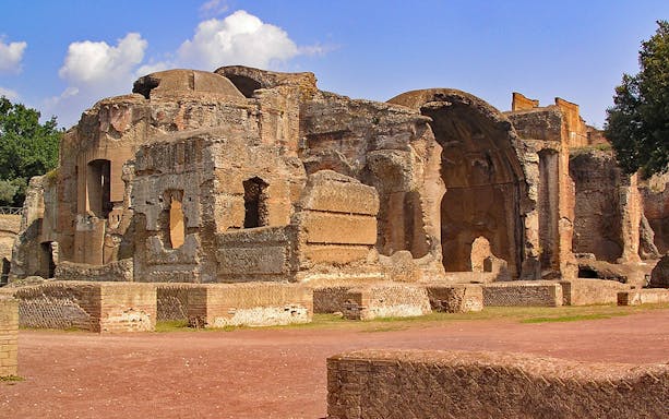 Ancient ruins of Hadrian's Villa in Tivoli, Italy, showcasing Roman architecture.