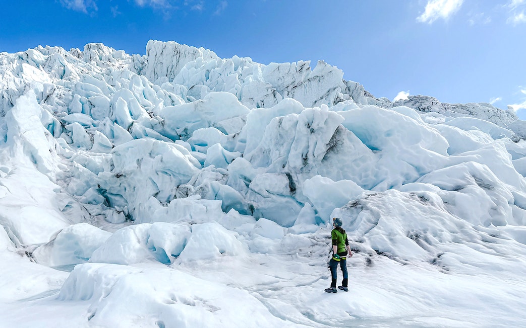 Guest exploring Vatnajökull Glacier during advanced expedition in Iceland.