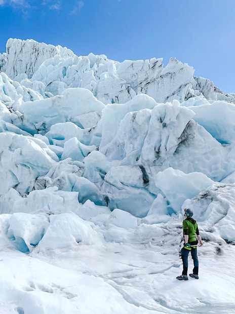 Guest exploring Vatnajökull Glacier during advanced expedition in Iceland.