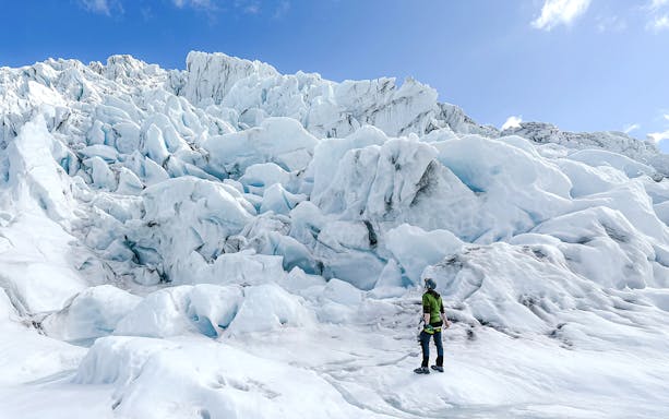 Guest exploring Vatnajökull Glacier during advanced expedition in Iceland.