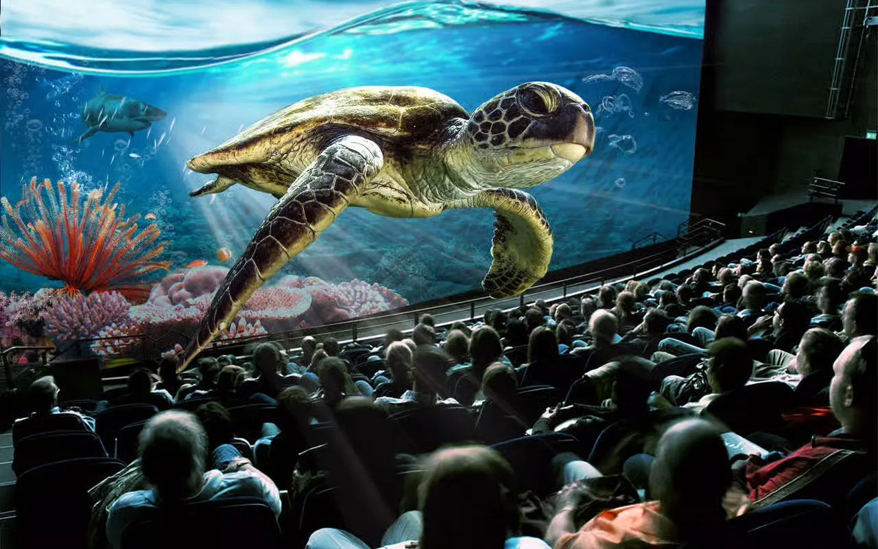Audience watching underwater film at Museum of Transport theater, Lucerne.