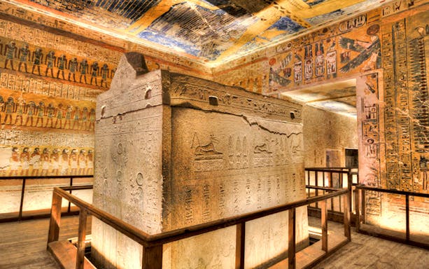 Tomb interior with hieroglyphs in Valley of the Kings, Luxor.