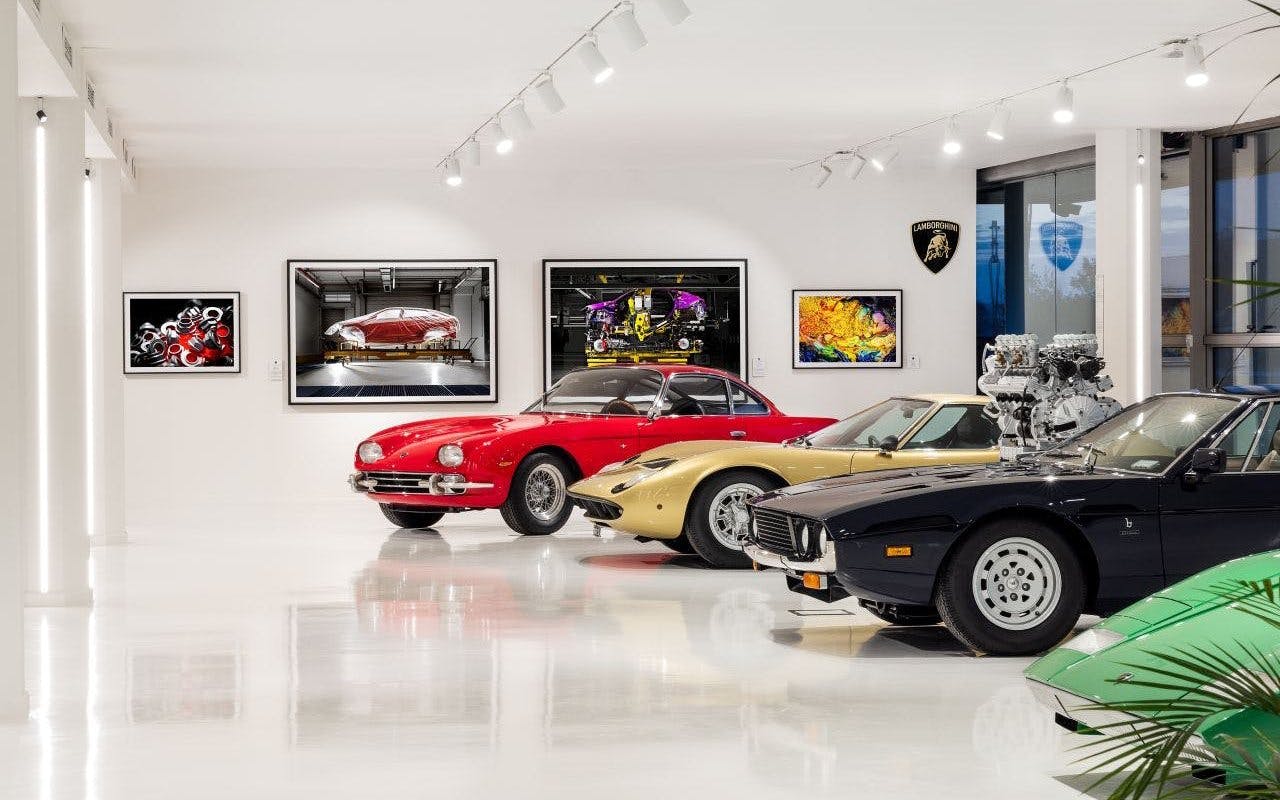 Classic Lamborghini cars displayed at Automobili Lamborghini Museum, Sant'Agata Bolognese, Italy.