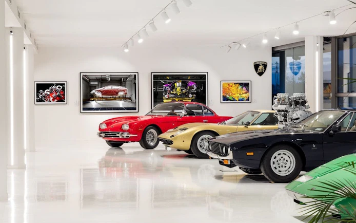 Classic Lamborghini cars displayed at Automobili Lamborghini Museum, Sant'Agata Bolognese, Italy.