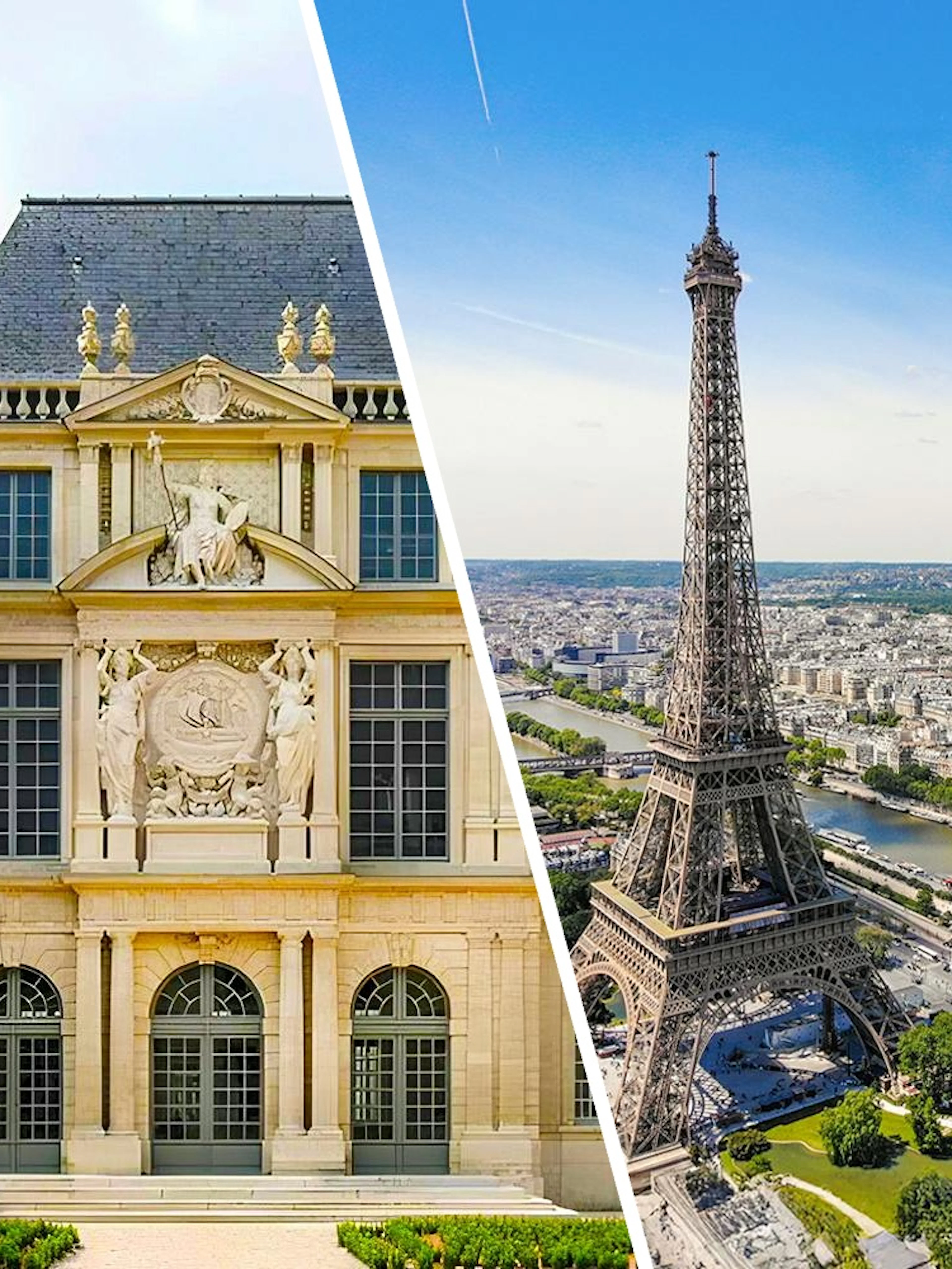 Carnavalet Museum facade and Eiffel Tower view in Paris.