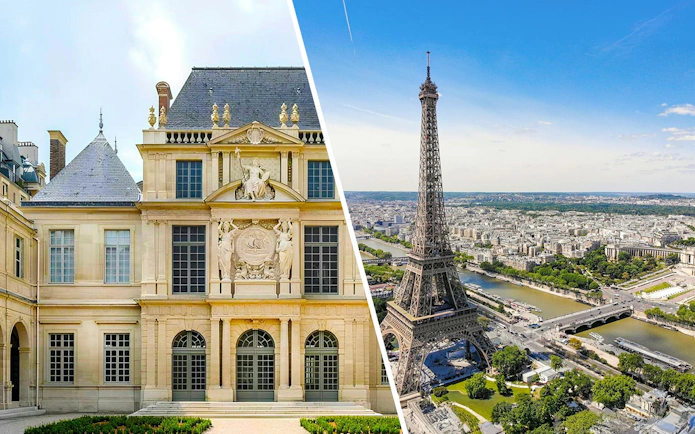 Carnavalet Museum facade and Eiffel Tower view in Paris.