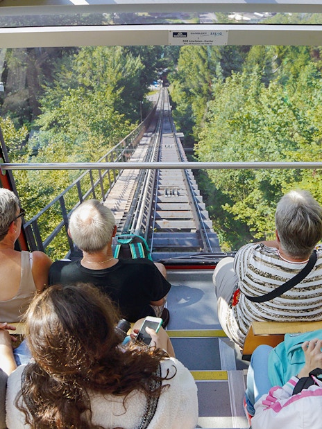 View from inside Harder Kulm funicular train, passengers looking at forested track.