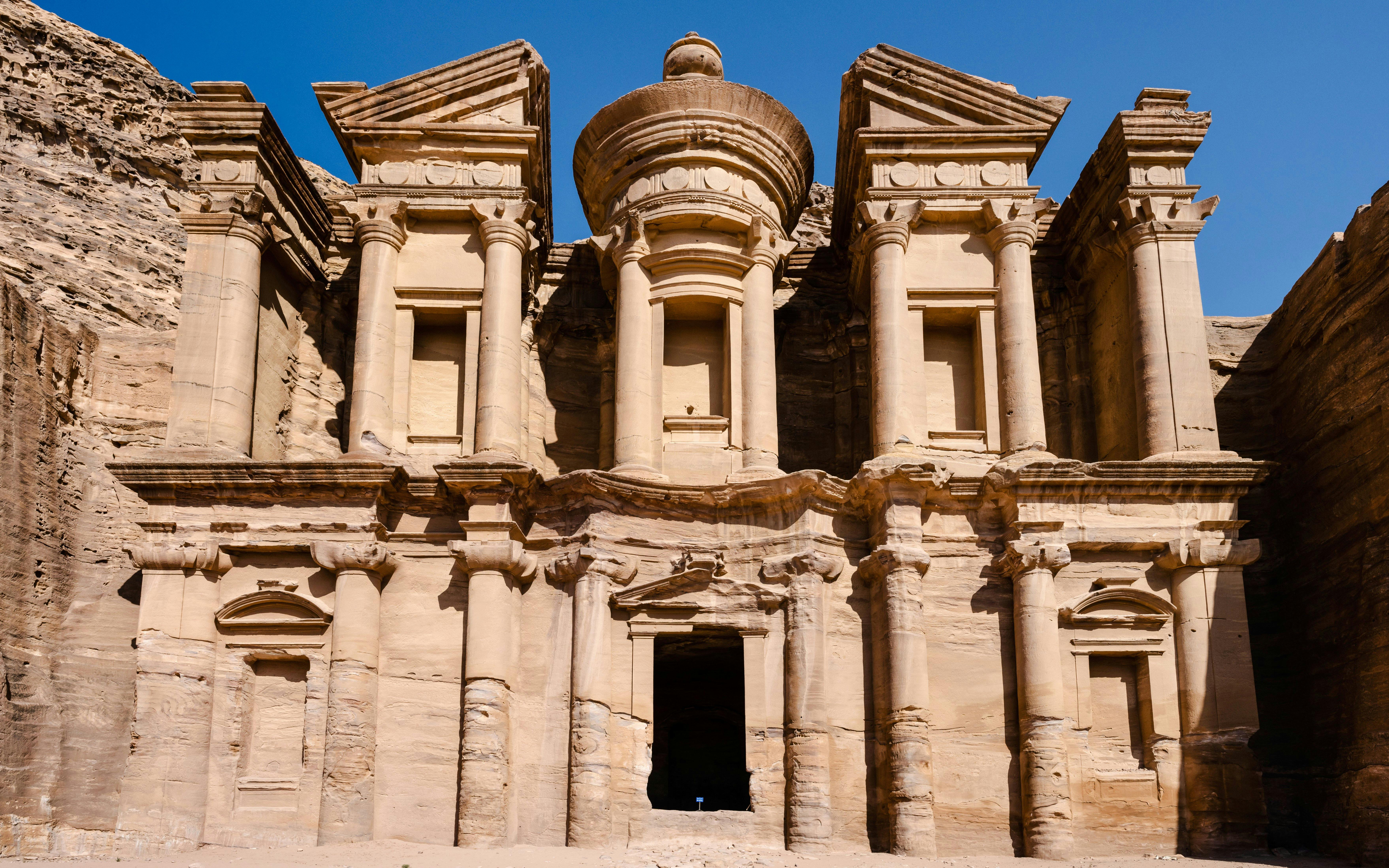 Ad Deir, the Monastery in Petra, Jordan, with its grand facade and columns.