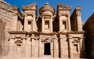 Ad Deir, the Monastery in Petra, Jordan, with its grand facade and columns.