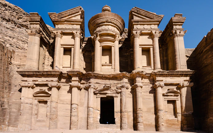 Ad Deir, the Monastery in Petra, Jordan, with its grand facade and columns.