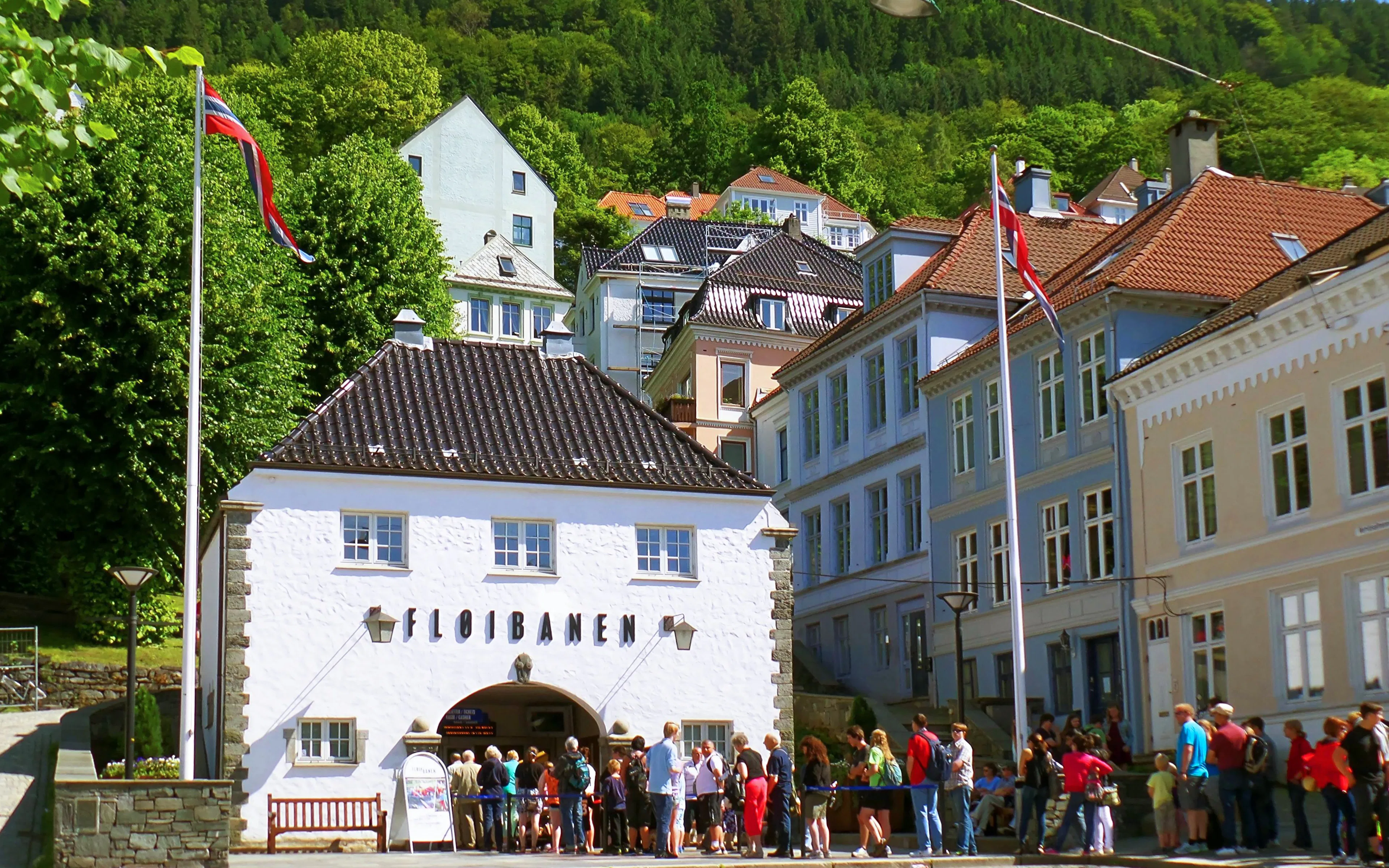 Visitors queuing at Floibanen Funicular Station in Bergen, Norway.