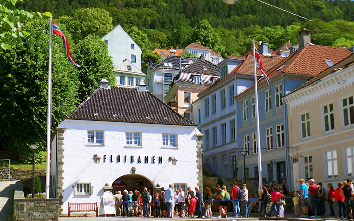 Visitors queuing at Floibanen Funicular Station in Bergen, Norway.