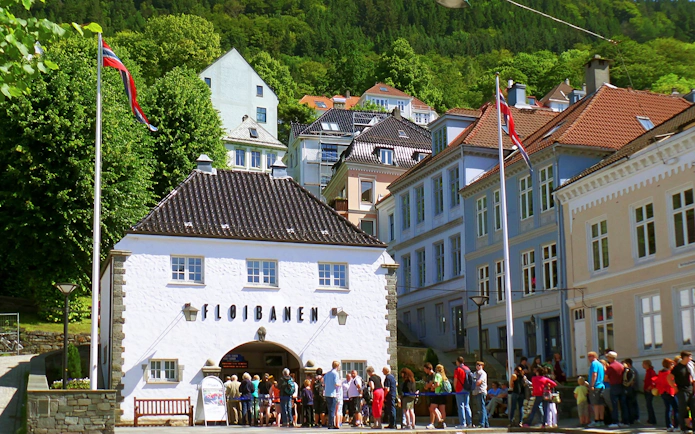 Visitors queuing at Floibanen Funicular Station in Bergen, Norway.