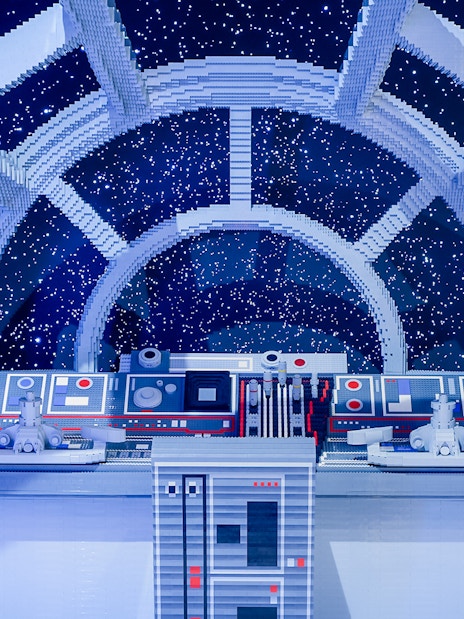 Millennium Falcon cockpit made of LEGO at Star Wars exhibition.