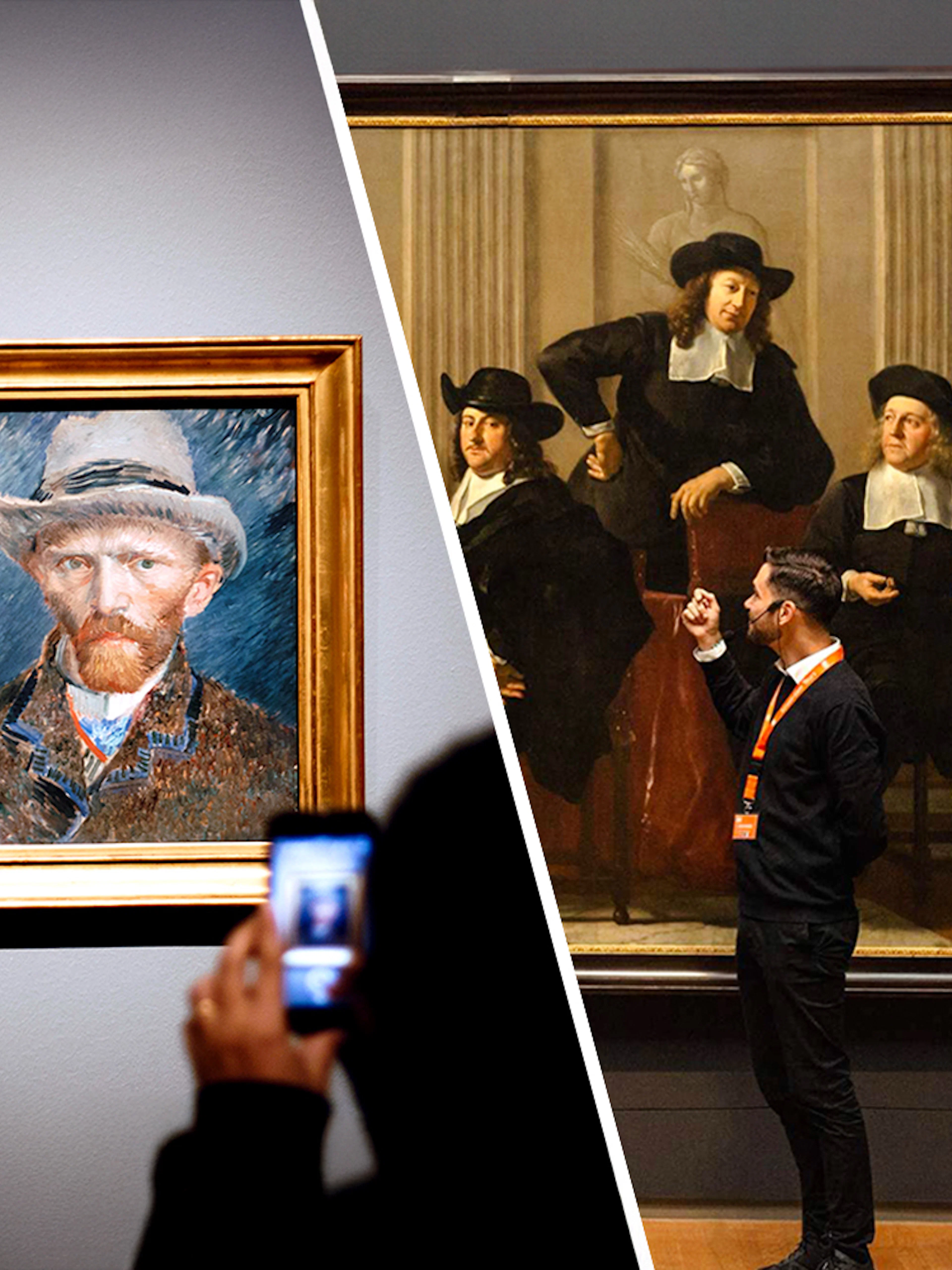 Van Gogh Museum and Rijksmuseum visitors viewing famous paintings in Amsterdam.