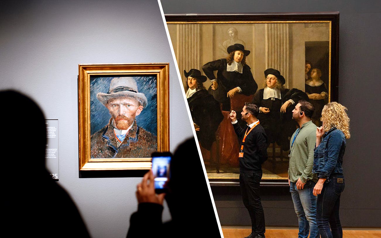 Van Gogh Museum and Rijksmuseum visitors viewing famous paintings in Amsterdam.